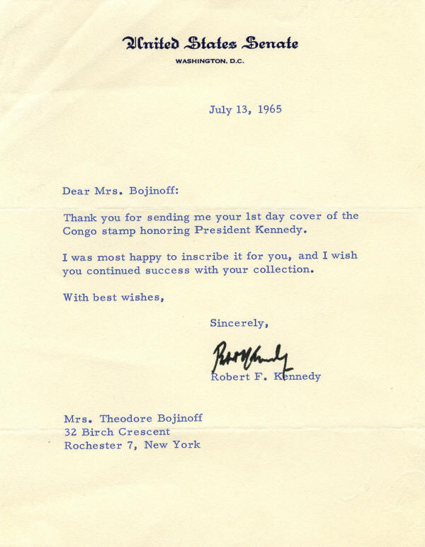 Autograph 910802 Robert F Kennedy Letter As Senator With Good Jfk Association 7 13 1965 